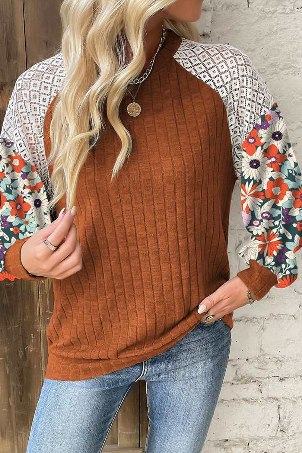 Cinnamon Floral Patchwork Long Sleeve Ribbed Blouse