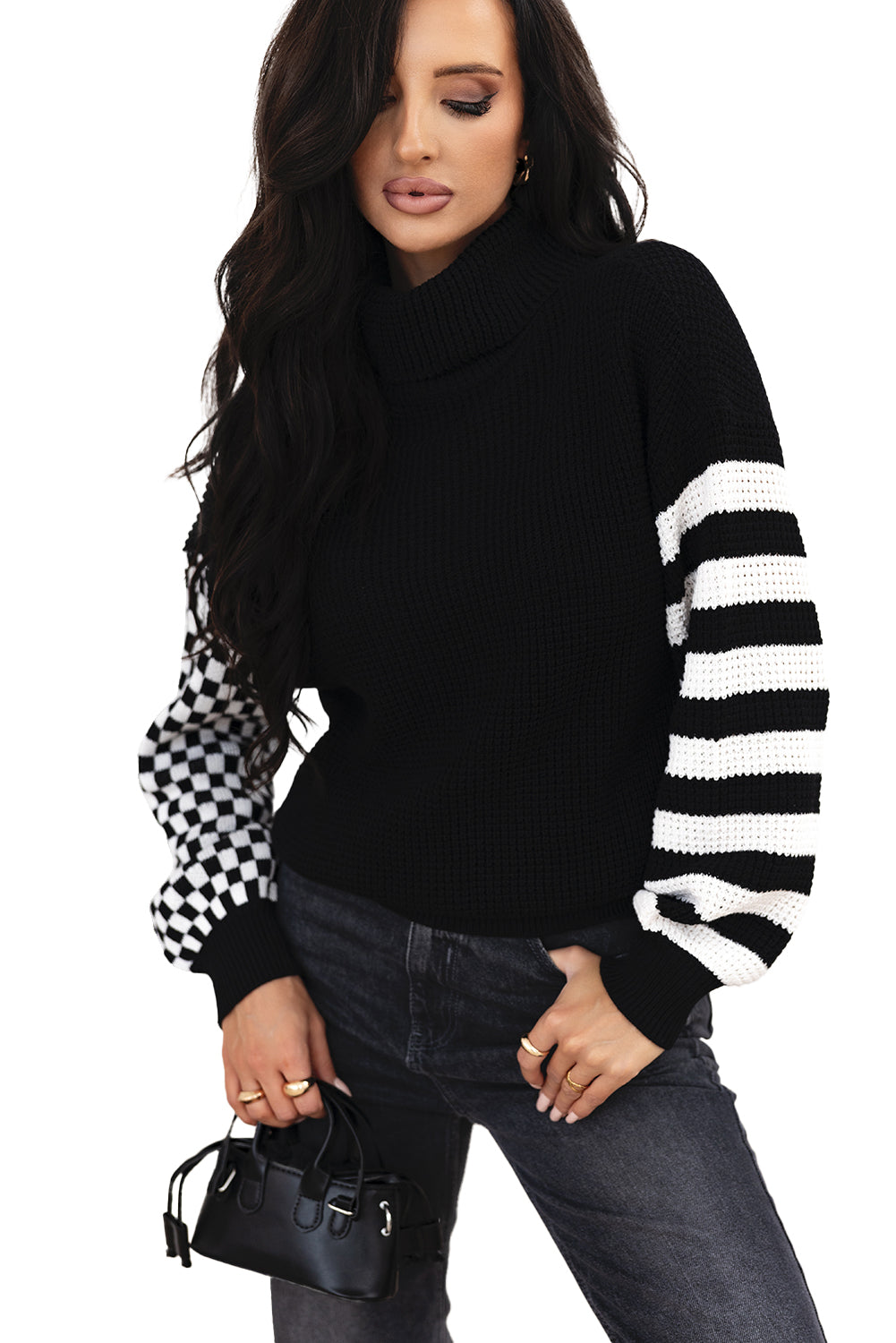 Black Striped Plaid Patchwork Waffle Knit Turtleneck Sweater