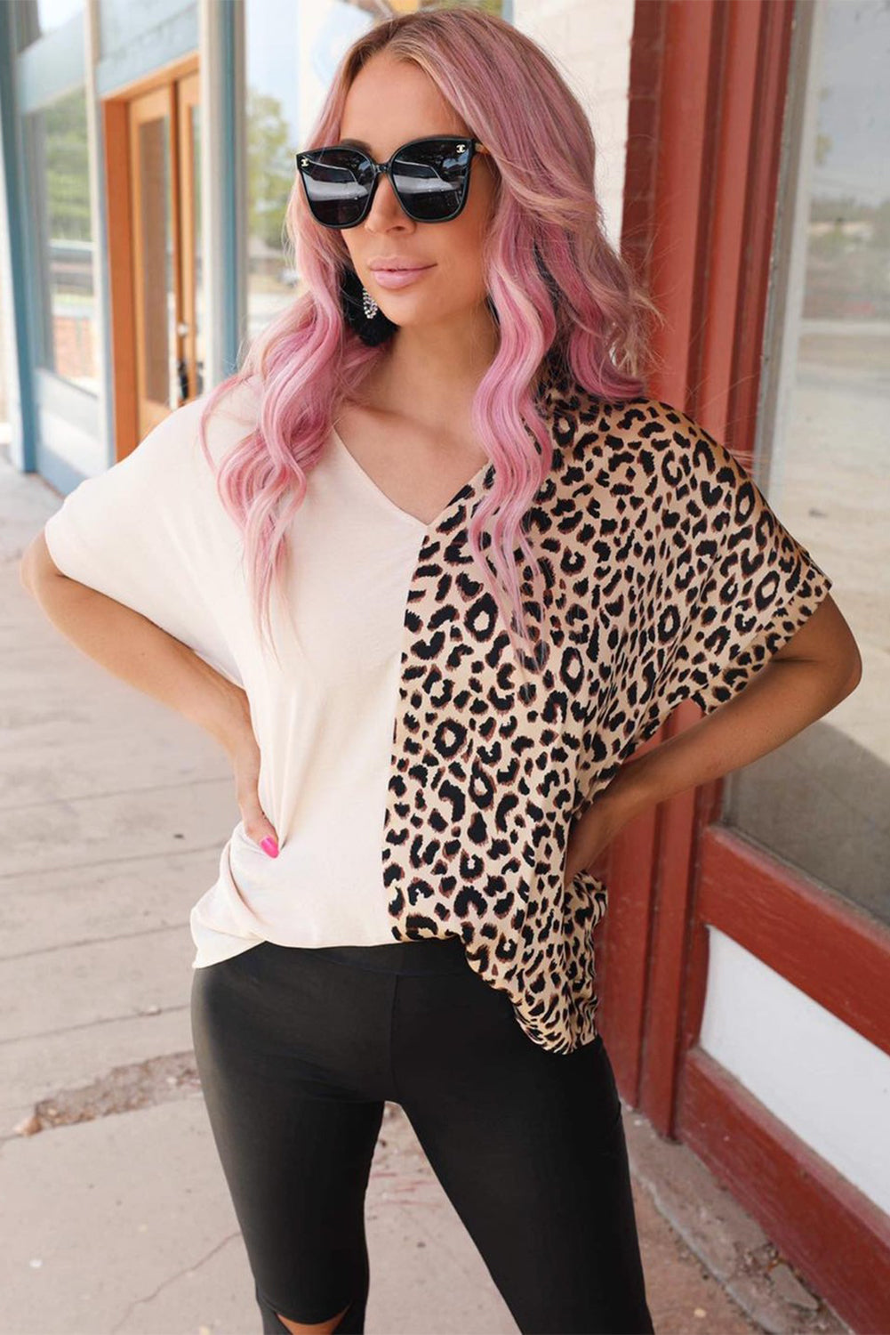 Khaki Contrast Leopard Color Block Blouse