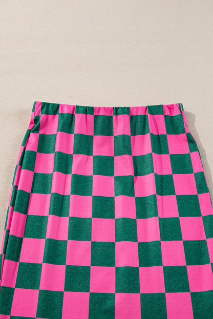 Rose Checkered Print Side Slit High Waist Midi Skirt