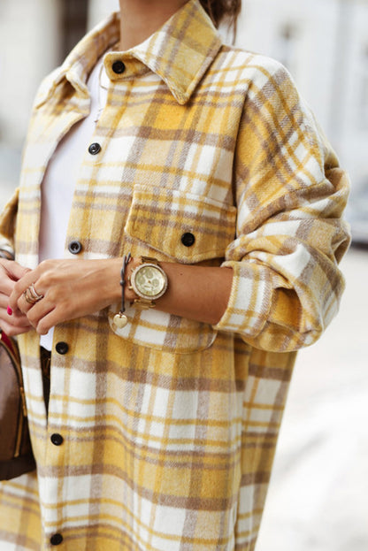 Yellow Plaid Flap Pocket Long Sleeve Shacket