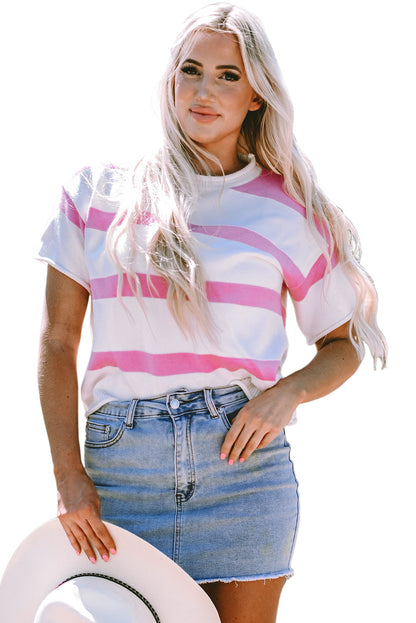 Pink Stripe Dropped Short Sleeve Lightweight Knitted Top