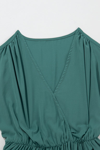 Blackish Green Solid Color V Neck Wrap Pleated Short Sleeve Maxi Dress