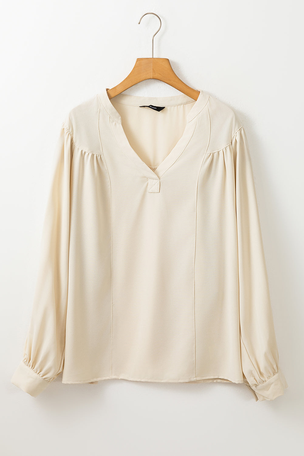 White Solid Color Lantern Sleeve Notched V Neck Blouse