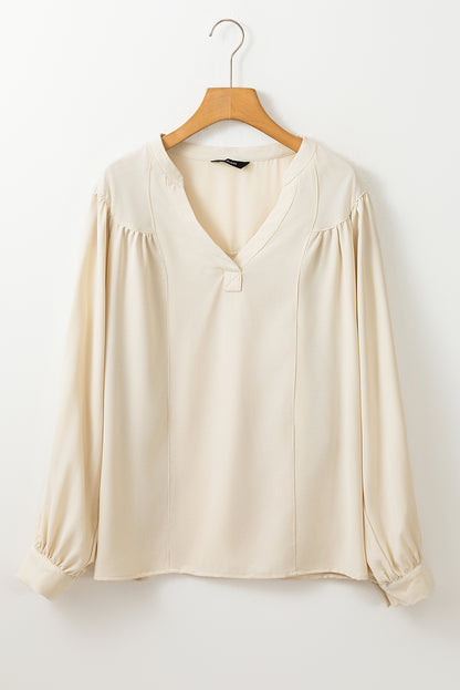 White Solid Color Lantern Sleeve Notched V Neck Blouse