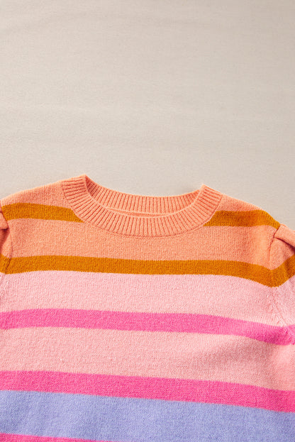 Rose Red Colorful Stripe Bubble Short Sleeve Sweater