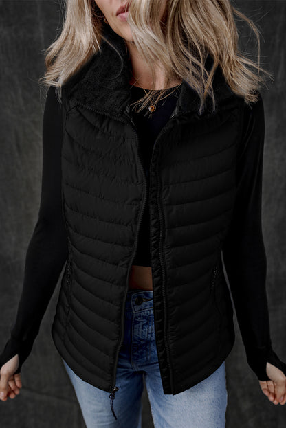 Black Plush Collared Quilted Zipped Puffer Vest