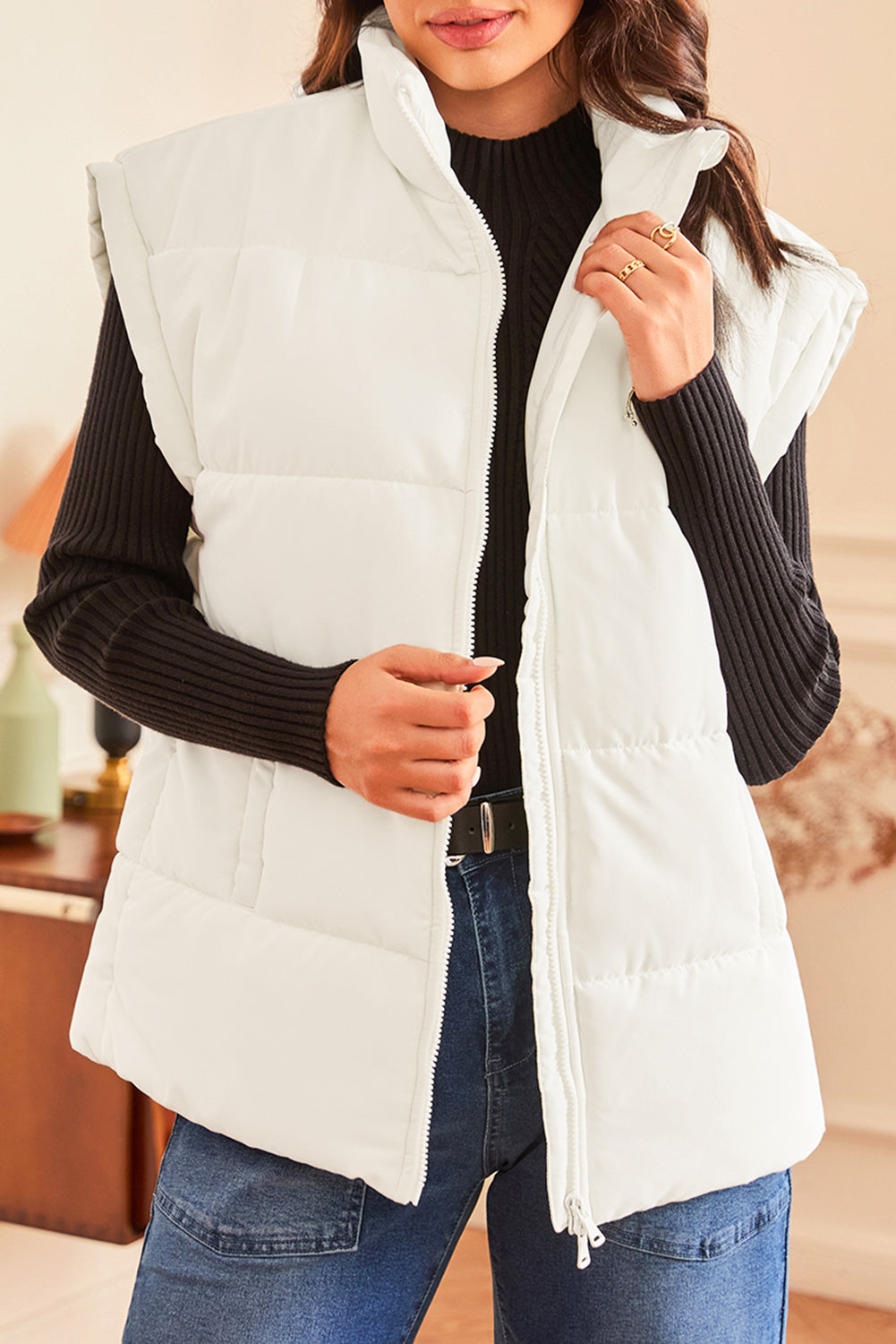 Beige Zipper Stand Neck Oversized Puffer Vest