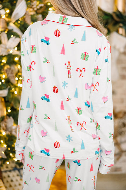 White Christmas Print Lapel Shirt and Pants Sleepwear