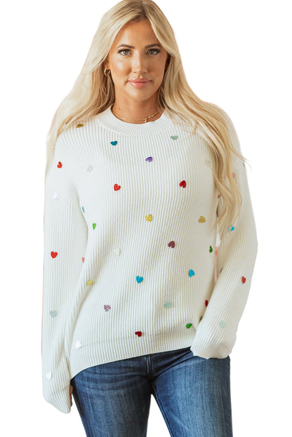 Beige Sequin Heart Shape Waffle Knit Round Neck Sweater