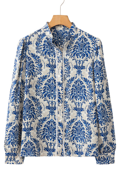 Sky Blue Bohemian Printed Bishop Sleeve Lace Shirt