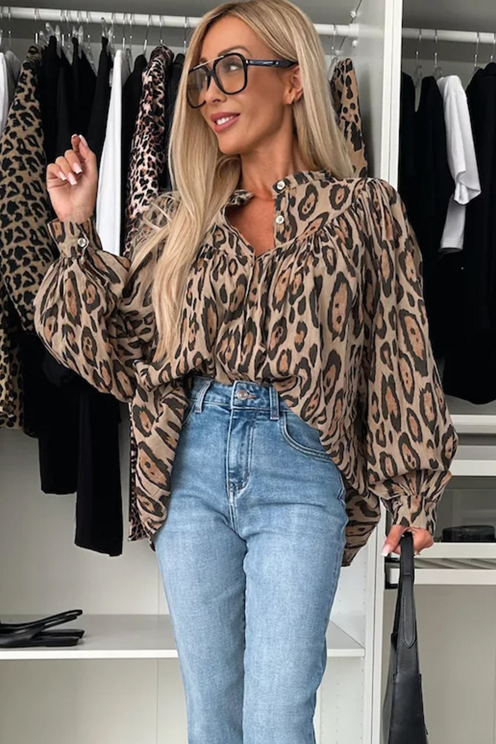 Jet Stream Oversized Leopard Print Balloon Sleeve Casual Shirt