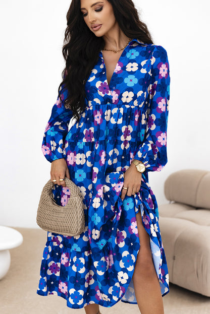 Blue Floral Peasant Sleeve Tiered Ruffle Midi Dress