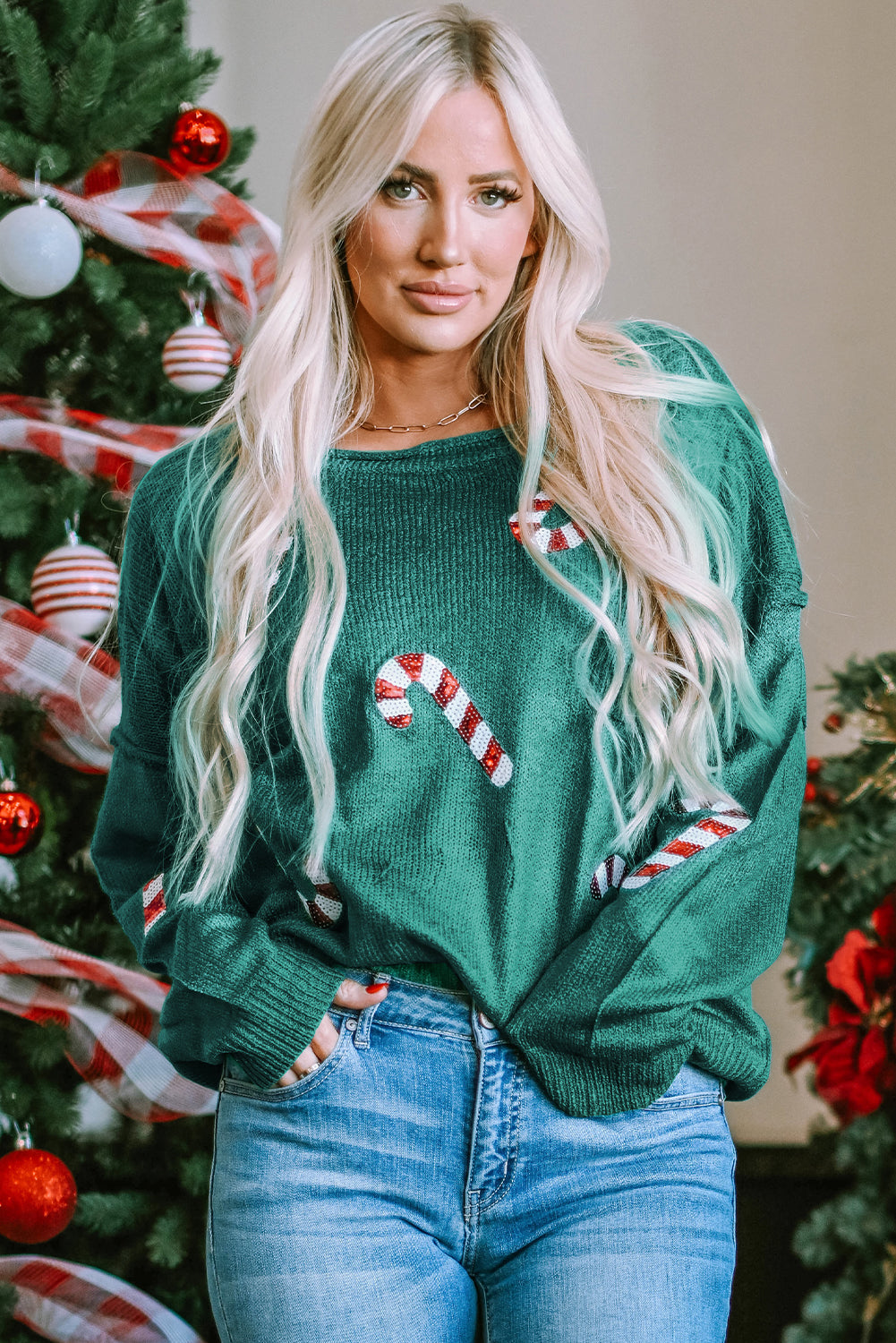 Green Sequined Candy Canes Gingerbread Man Sweater