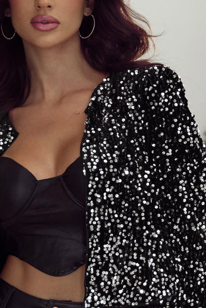 Black Sequined Open Front Cropped Jacket