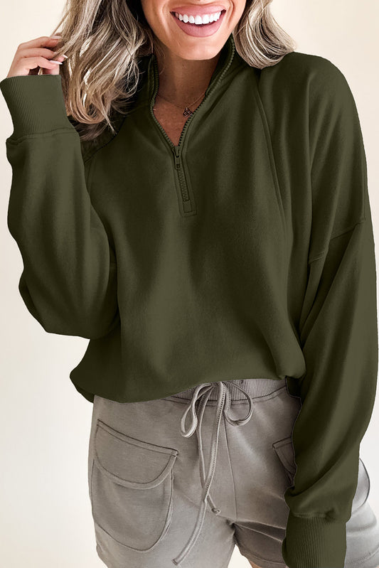 Jungle Green Zipped Neck Pullover Drop Shoulder Sweatshirt