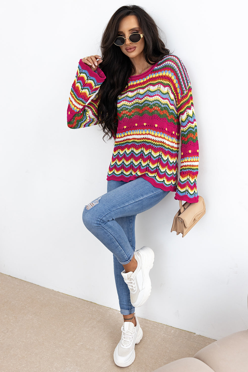 Rose Red Colorblock Striped Hollowed Knit Loose Sleeve Sweater