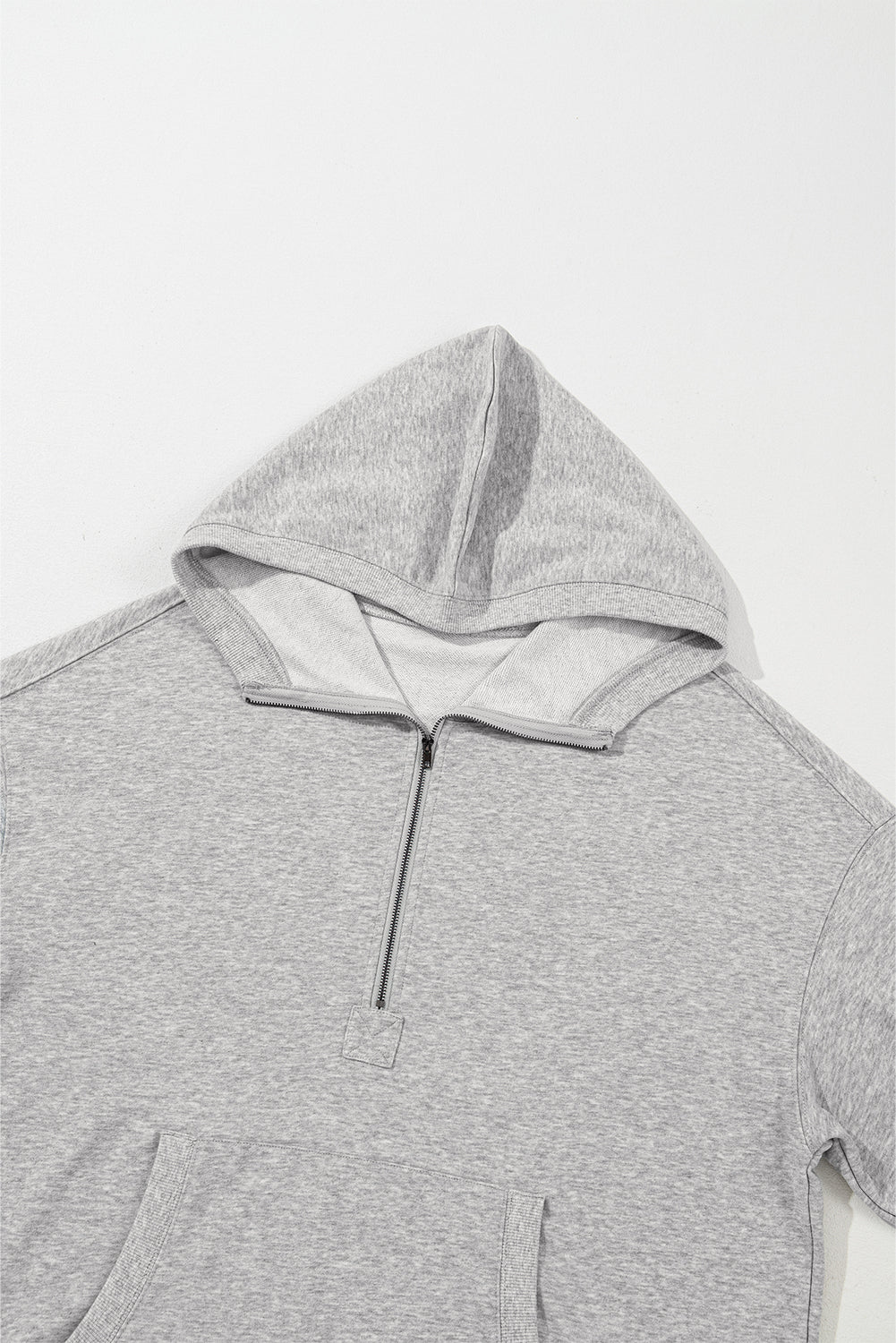 Light Grey Solid Kangaroo Pocket Half Zipper Oversized Hoodie