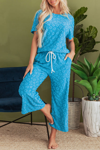 Blue Leopard Jacquard Short Sleeve Top and Wide Leg Pants Set