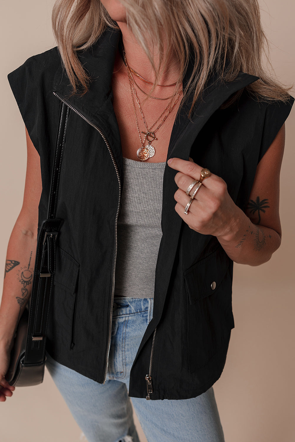 Black Flap Pockets Zip Up High Neck Vest