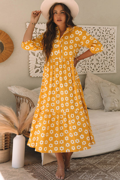 Yellow Flower Print Bracelet Sleeve Buttons Collared Maxi Dress