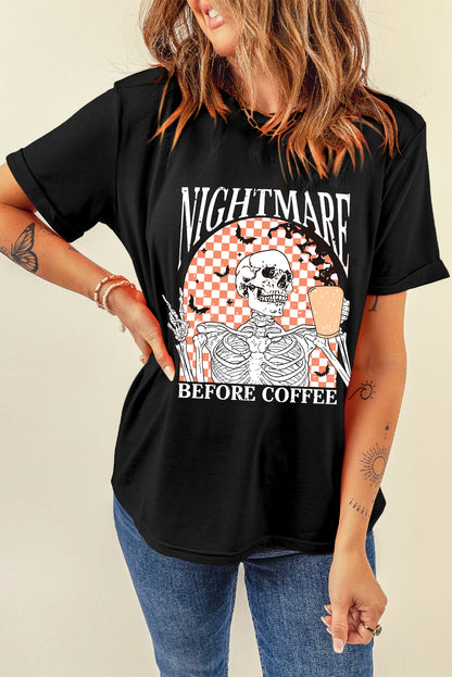 Black Nightmare Before Coffee Skull Checkerboard Graphic Halloween Tee