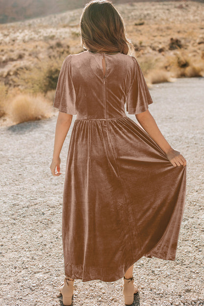 Chestnut Velvet Lacy V Neckline Short Sleeve Empire Waist Flowy Maxi Dress