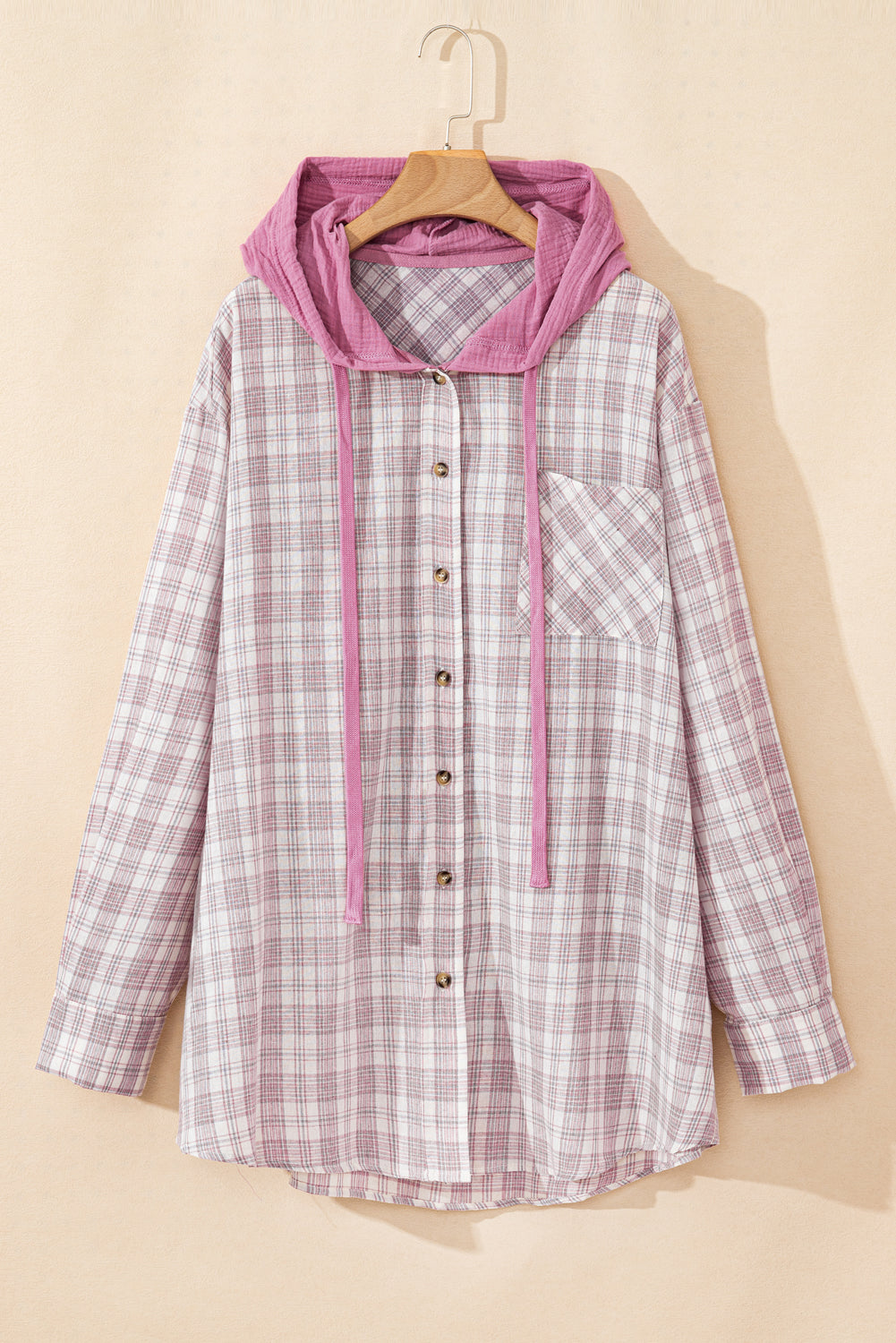 Bonbon Plaid Print Drawstring Hooded Button-up Plus Size Shirt