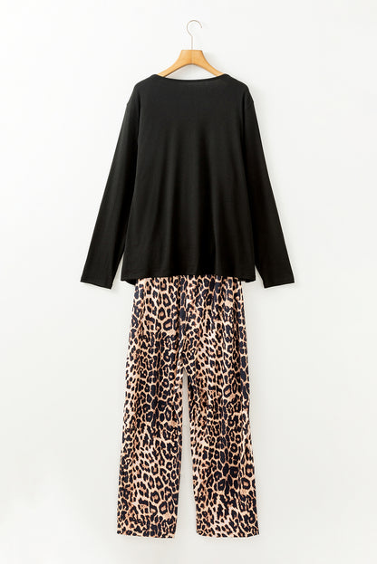 Black Leopard Patched Pocket Long Sleeve Top Plus Size Pants Set