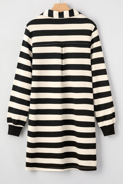 Pink Stripe Collared V Neck Long Sleeve Loose Casual Dress