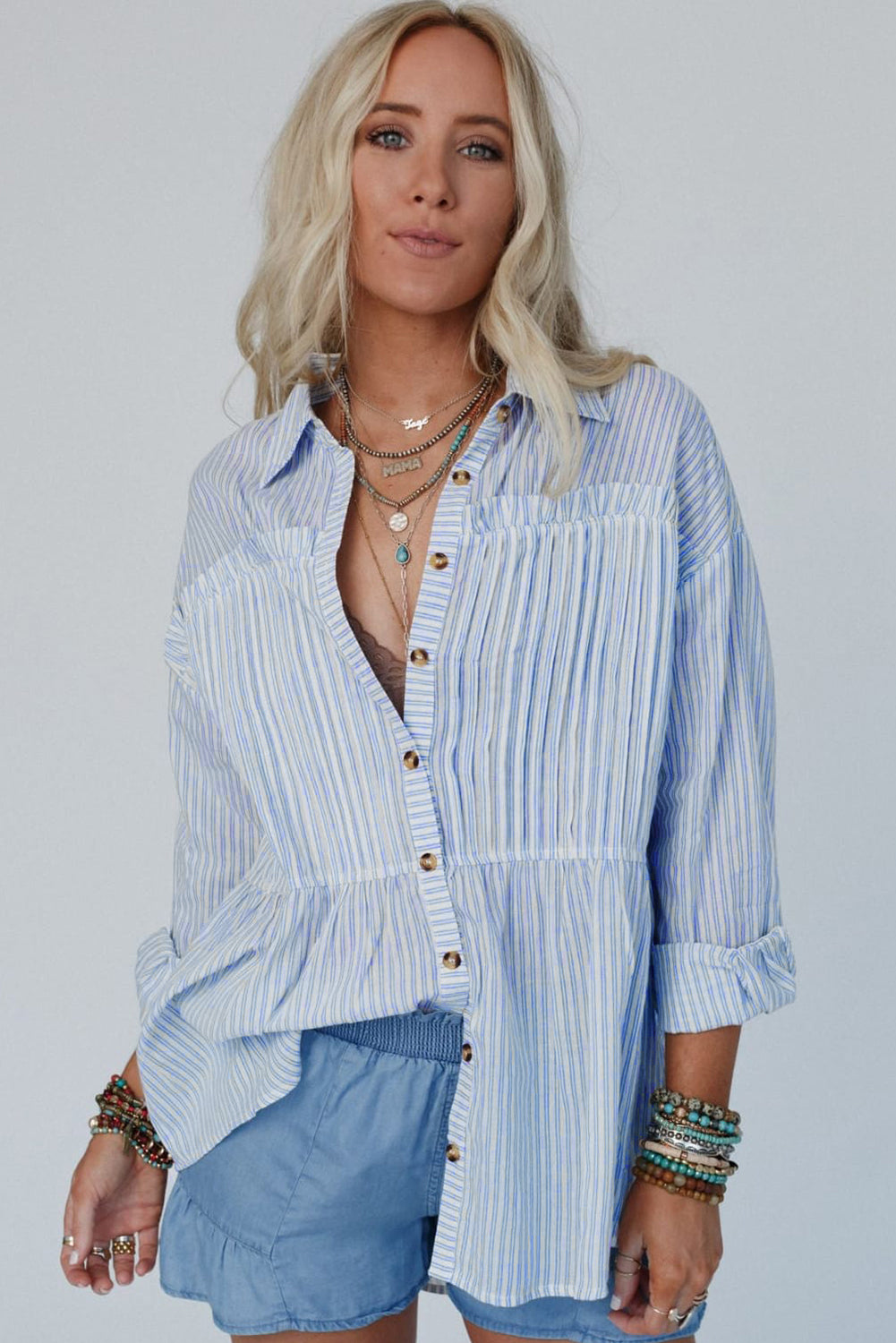 Sky Blue Stripe Ruffled Button up Long Sleeve Shirt