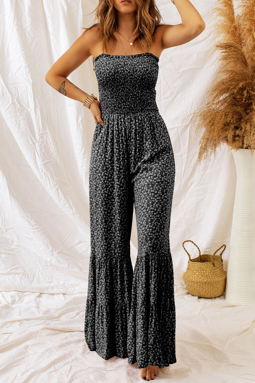 Black Thin Straps Smocked Bodice Wide Leg Floral Jumpsuit