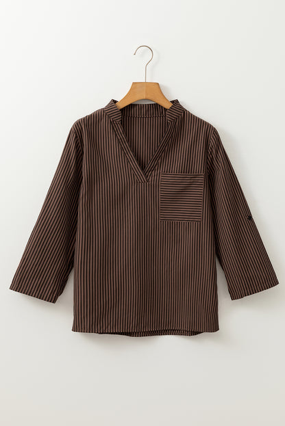 Brown Stripe V Neck Roll Up Sleeve Pocket Patched Classic Shirt