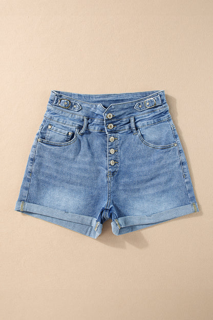 Dusk Blue Button Fly High Waist Roll Edge Denim Shorts