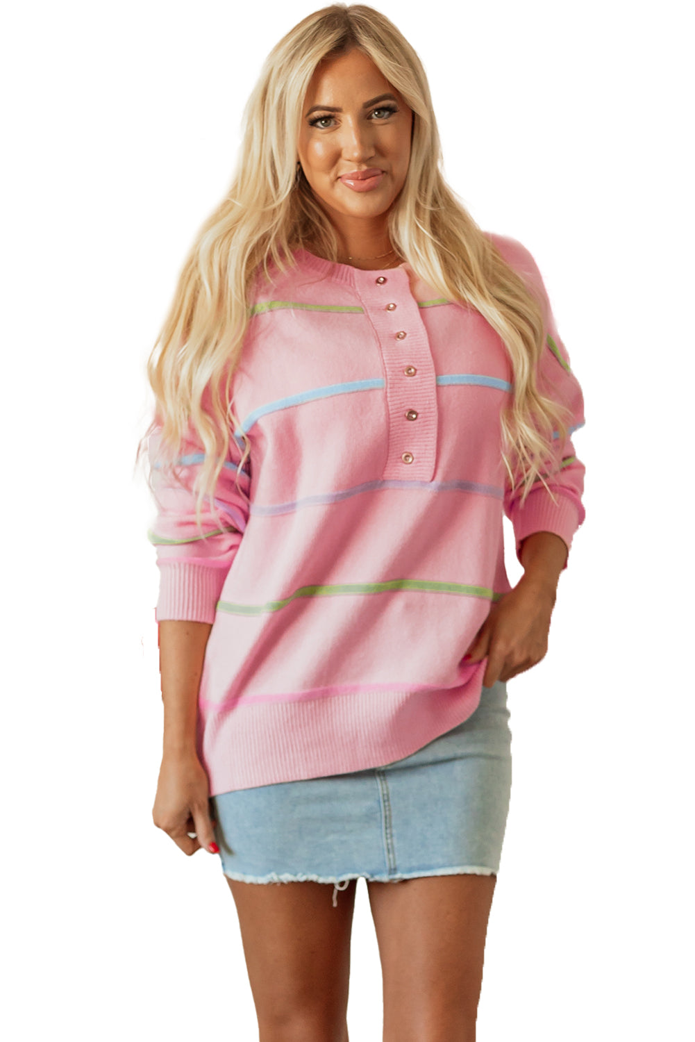 Pink Rainbow Stripes Drop Shoulder Baggy Henley Sweater