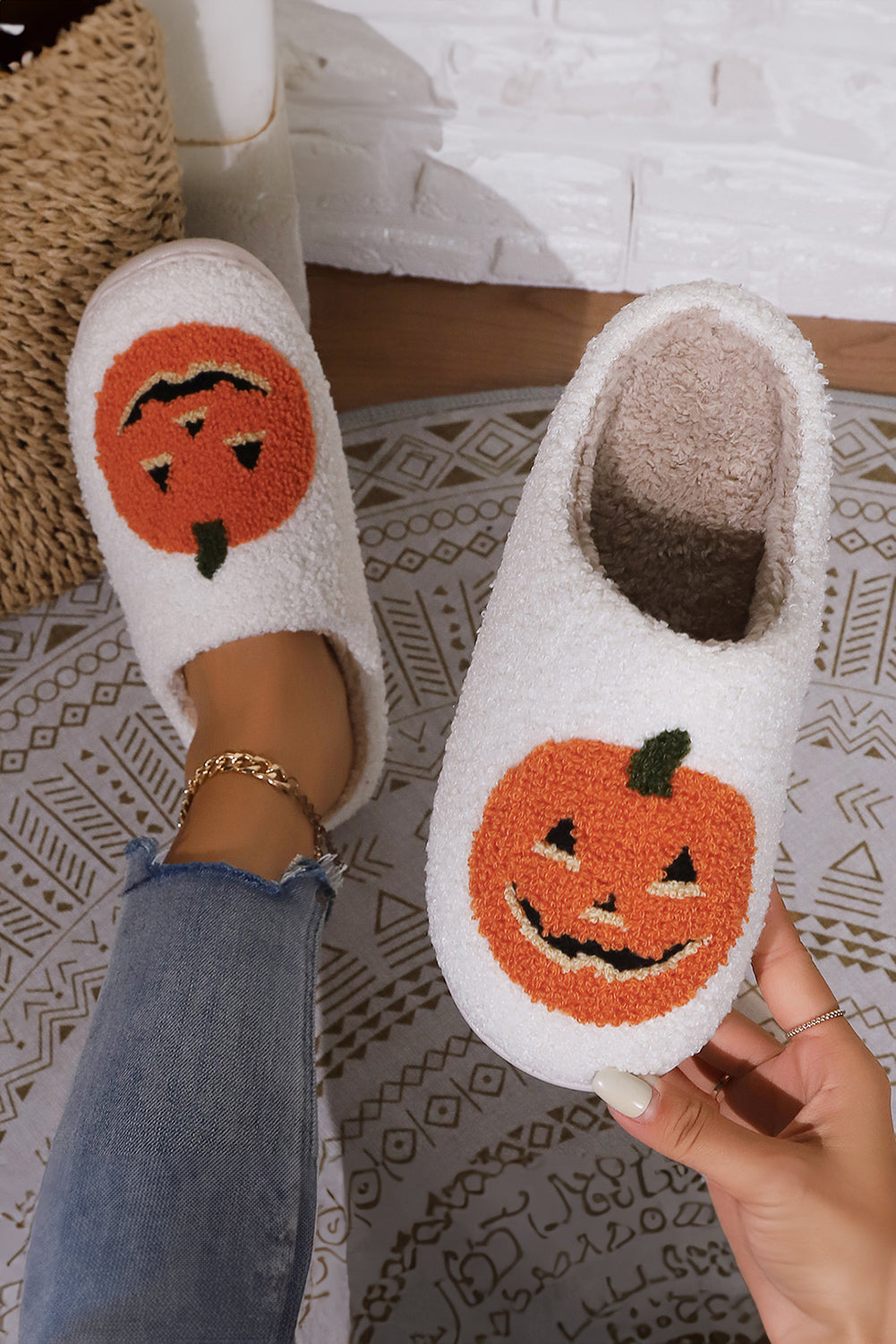 White Halloween Pumpkin Print Plush Slippers (Runs Small, Size Up)