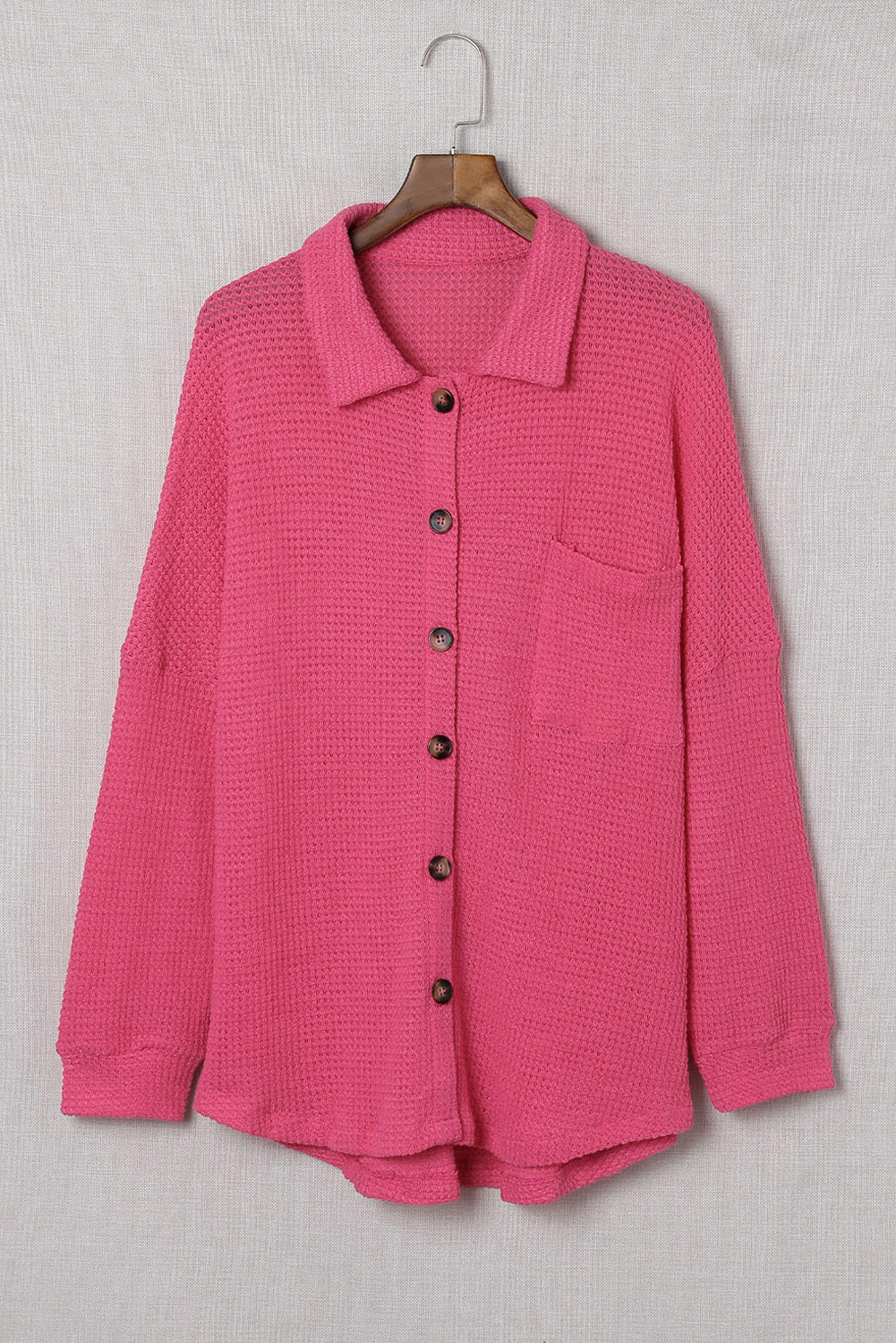 Pink Waffle Knit Button Up Casual Shirt