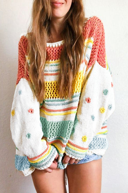 Multicolor Hollow Striped Knit Contrast Sleeve Sweater