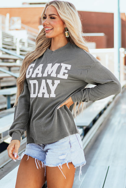 Dark Grey Corded GAME DAY Graphic Long Sleeve Crewneck Top