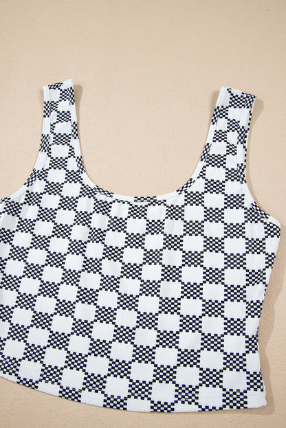 Black Checkered Print U Neck Cropped Tank Top