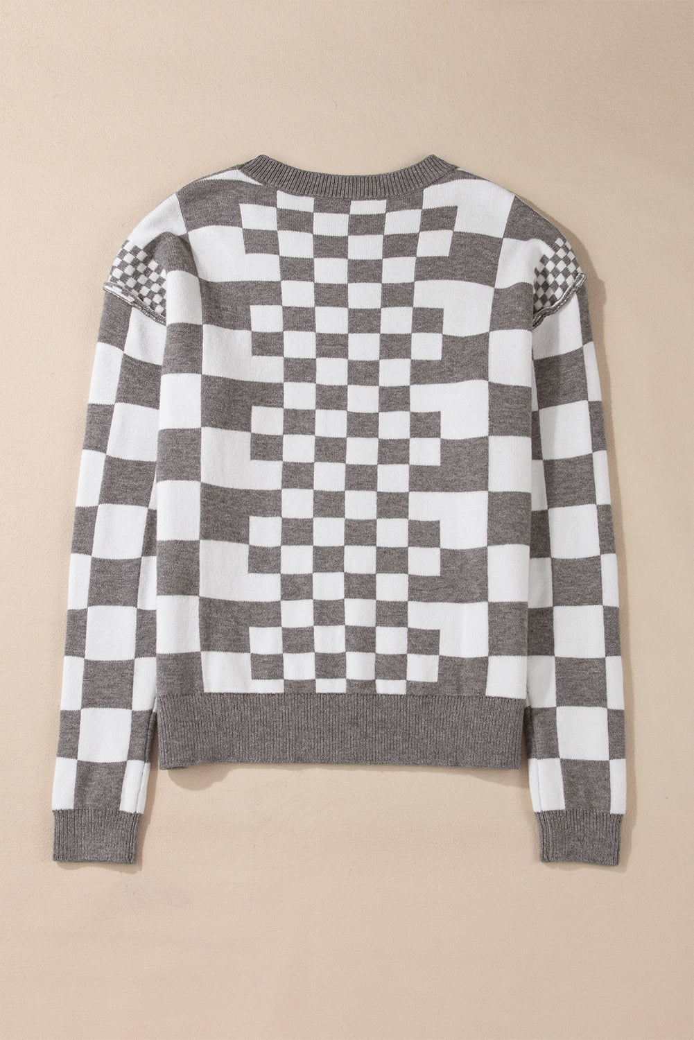 Gray Checkered Print Drop Shoulder Round Neck Sweater