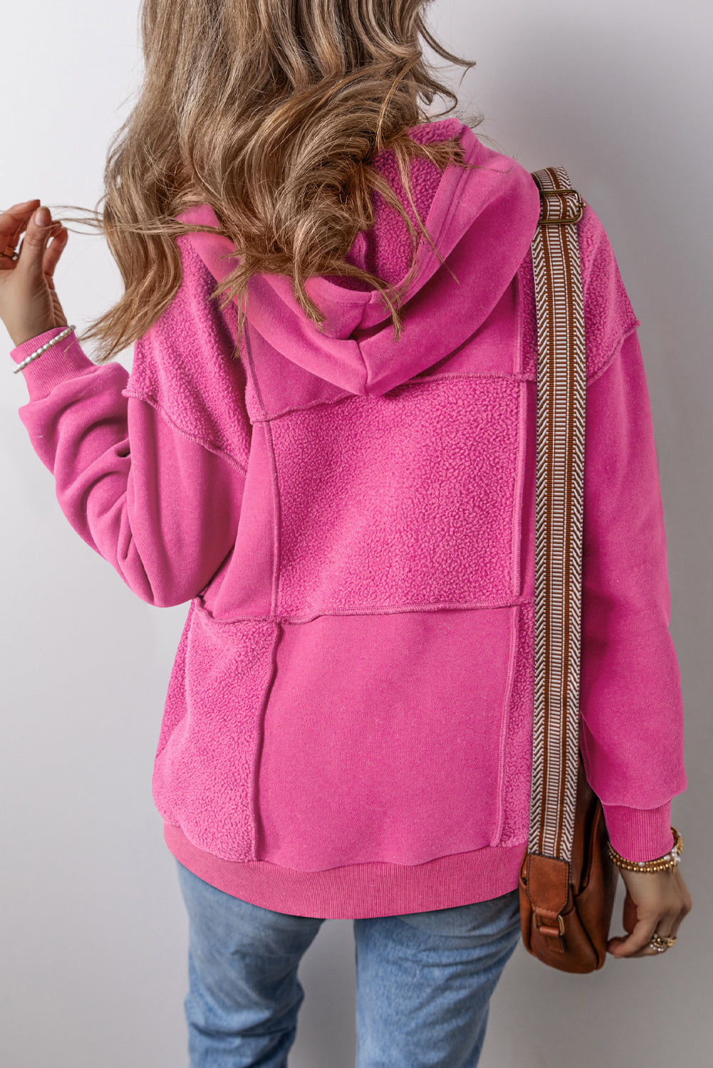 Pitaya Pink Mineral Wash Terry Patchwork Drawstring Hoodie