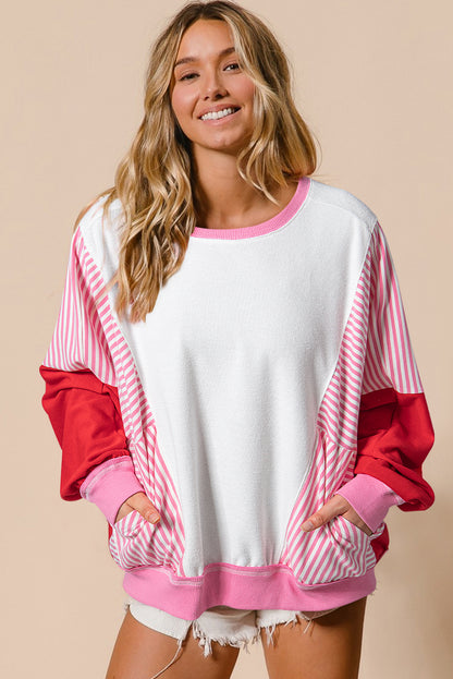 Rose Red Striped Patchwork Batwing Sleeve Pocketed Sweatshirt