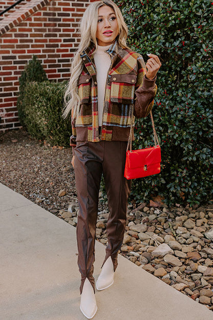 Brown Plaid Print Chest Pockets Button Zipper Stand Neck Jacket