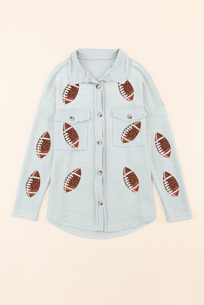 Gray Sequined Rugby Flap Pockets Buttoned Shacket