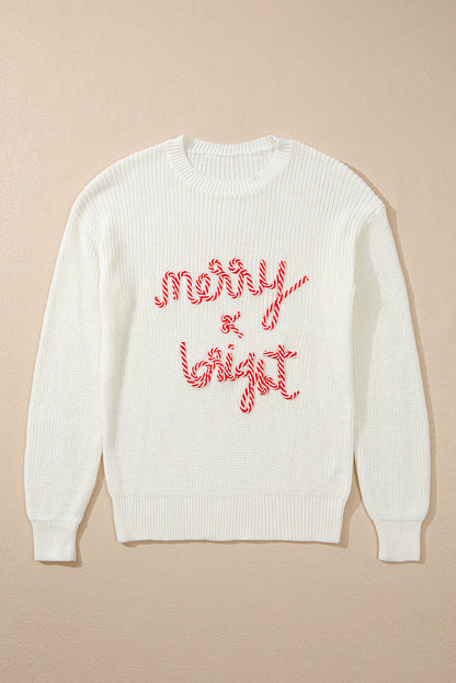 White Striped Merry Bright Letter Christmas Sweater