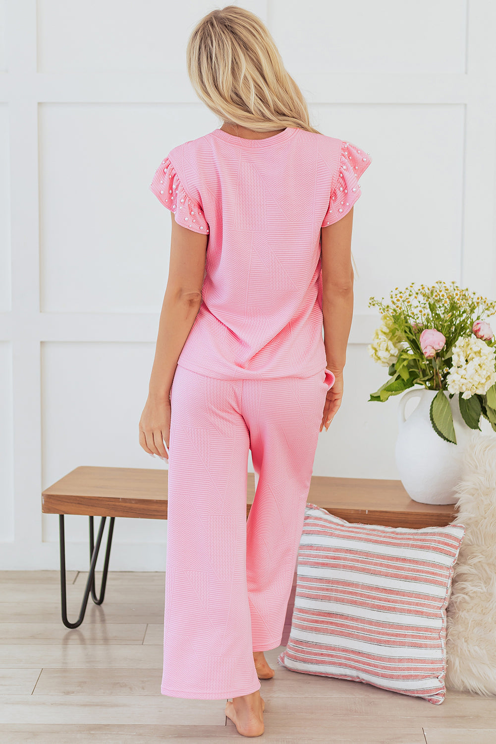 Pink Textured Pearled Ruffled Sleeve Wide Leg Pants Set