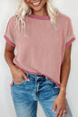 Light Pink Textured Contrast Trim Round Neck T Shirt