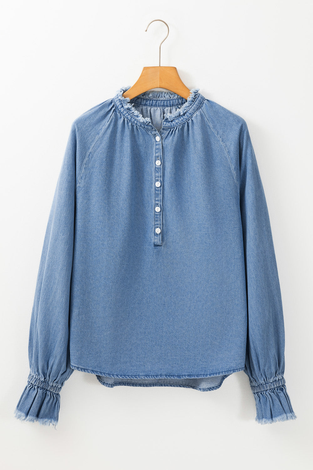 Sky Blue Frilled Raw Hem Half Buttoned Denim Top