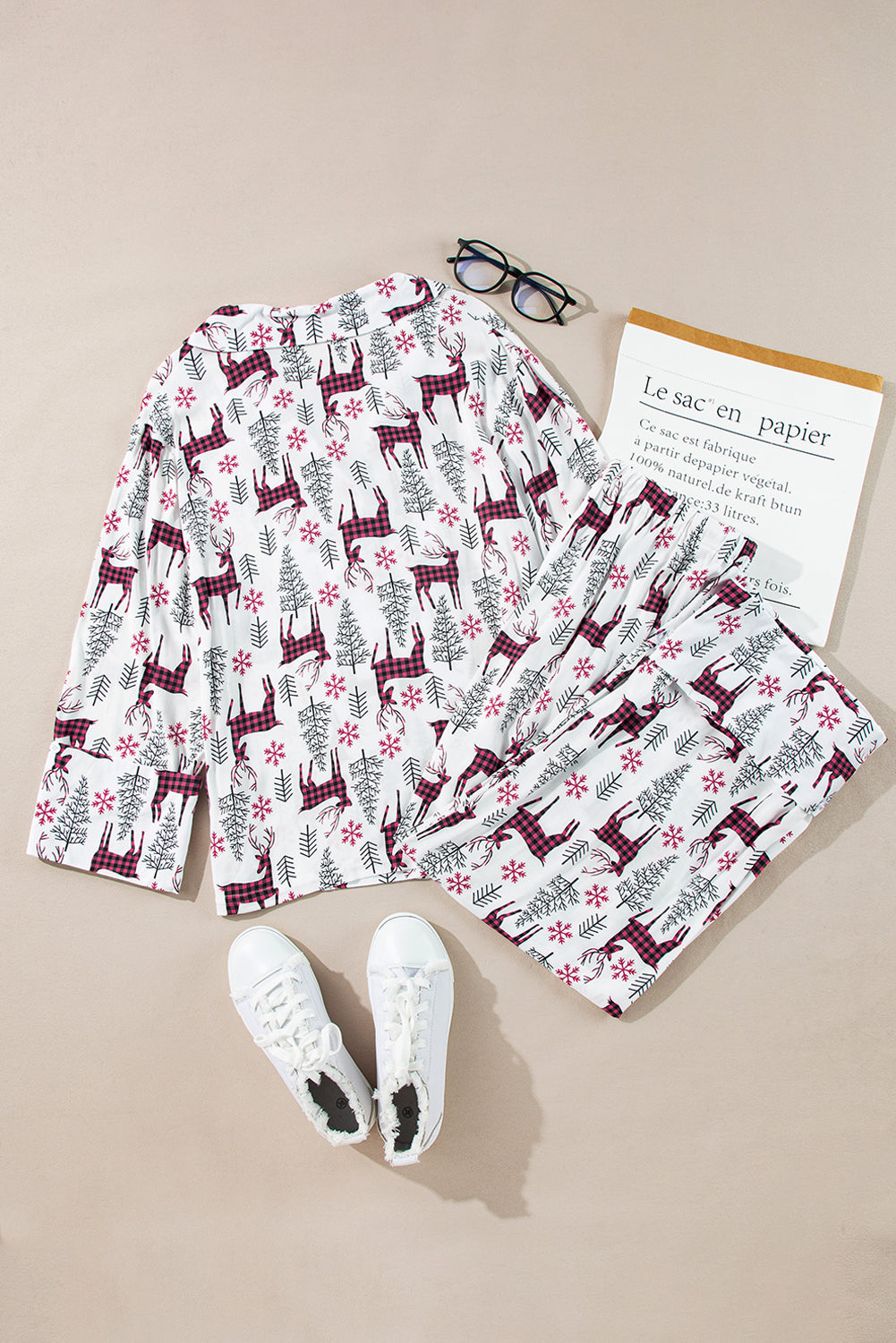 White Christmas Printed Shirt and Pants Pajama Set